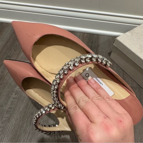 Jimmy Choo Bing Embellished Strap Point Toe Blush Patent Leather Pump Flats - Picture 8 of 16
